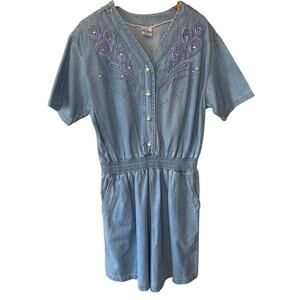 VTG U.S.A. Bridge Sports Wear Co Denim Lace Detail Short Sleeve Romper Large